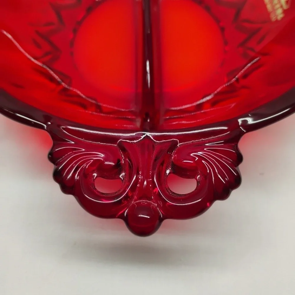 Viking Glass Red Ruby Sectioned Candy‎ Trinket Dish Bowl Original Sticker